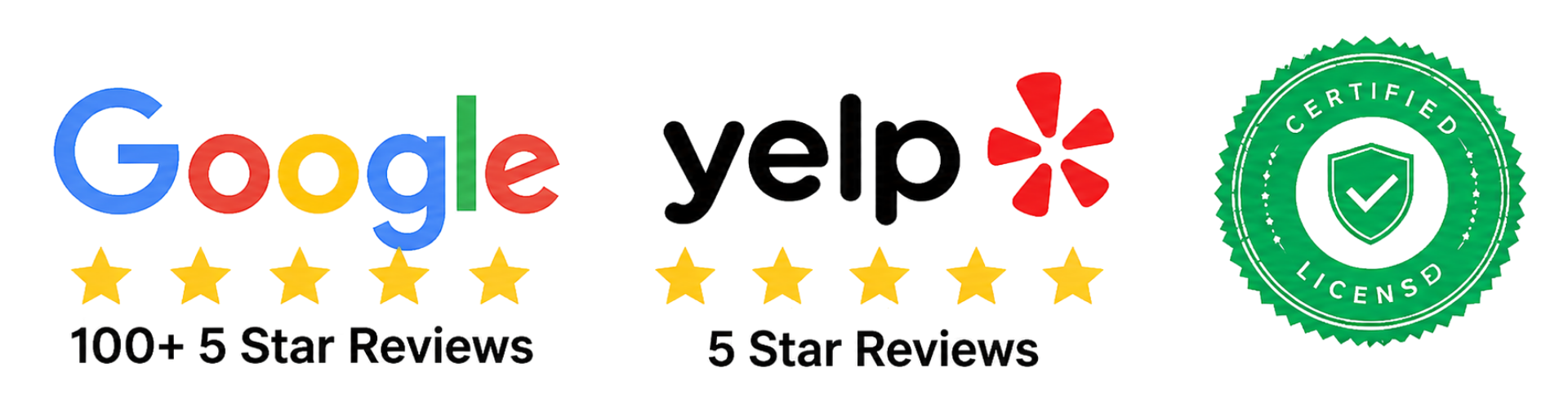 100+ 5 star Google reviews, 5 star Yelp reviews, certified and licensed